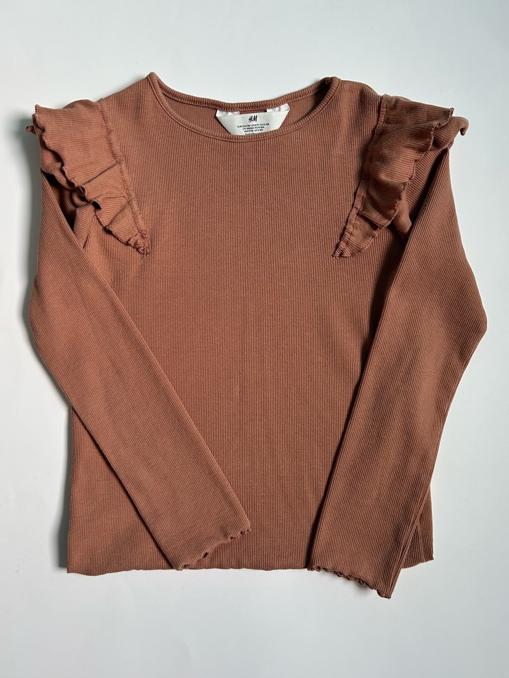 H&M Women's Rust Ruffle-Shoulder Ribbed Long-Sleeve Top